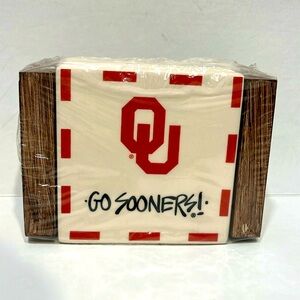 New Oklahoma Sooners Ceramic Coaster Set with Wood Holder by Magnolia Lane